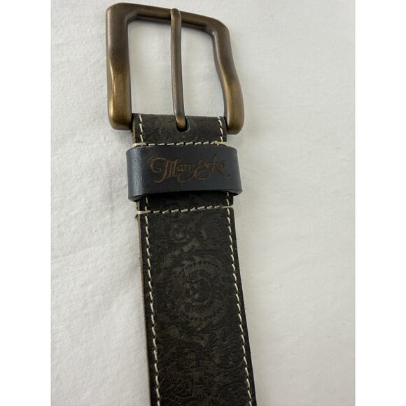 Marc Ecko Brown Leather Skull Belt White Stitching Men’s Size 32 - Picture 4 of 11